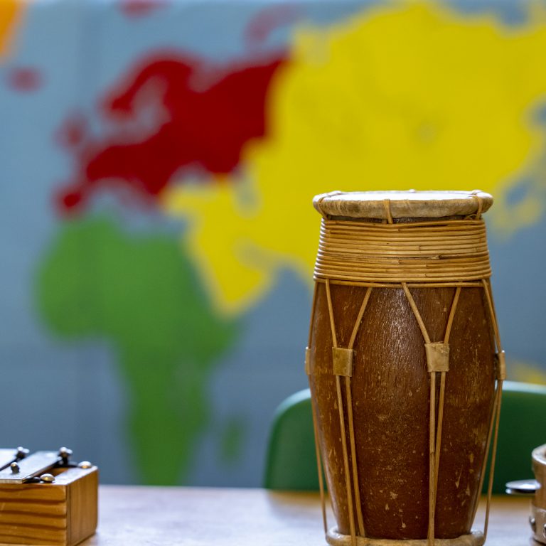 Percussion set of drums, a xylophone and a tambourine